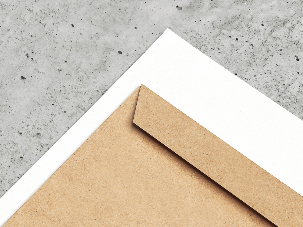 Brown envelope and white paper on concrete background