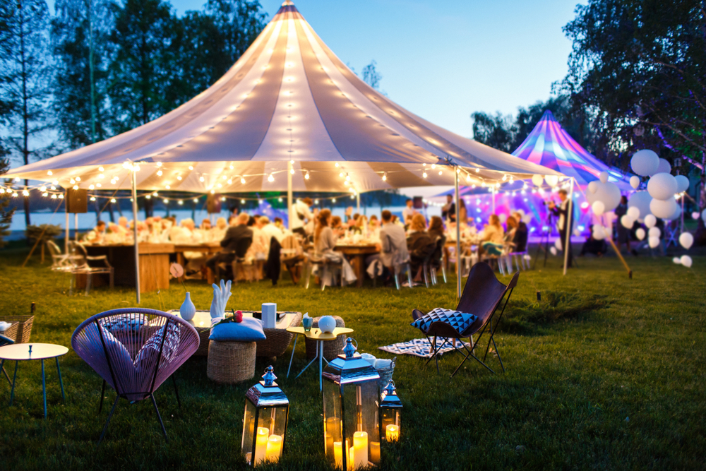 outdoor wedding with colorful tents