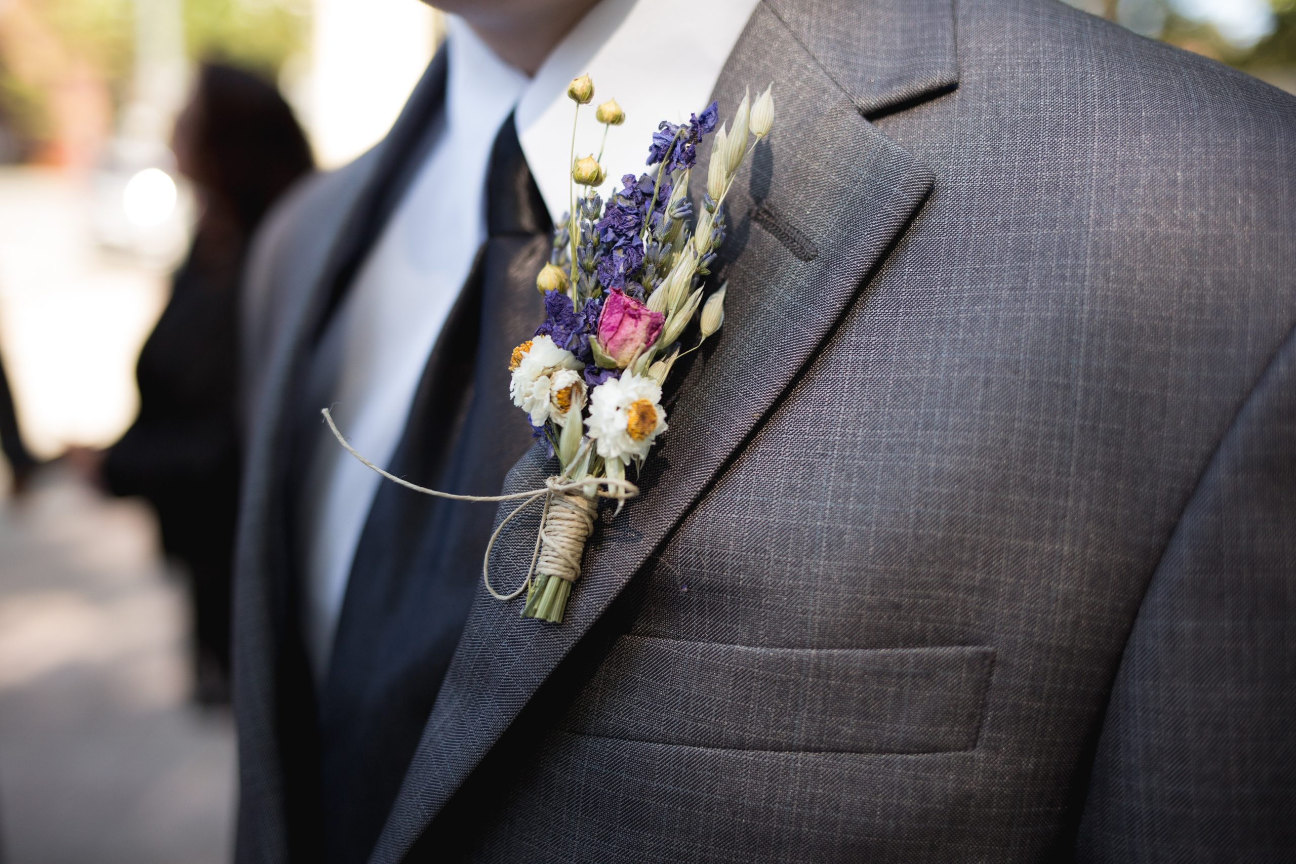 Groom’s Boutonniere on Gray Suit Jacket