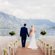 couple on their wedding in mountains and sea view