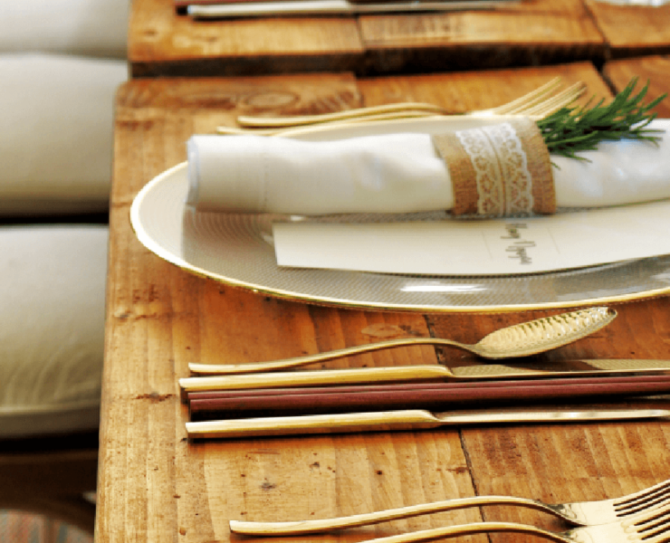 Close up of restaurant table decorated for a wedding reception