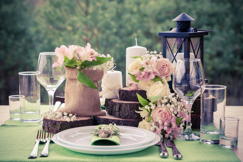 vintage themed table setting with a burlap sack