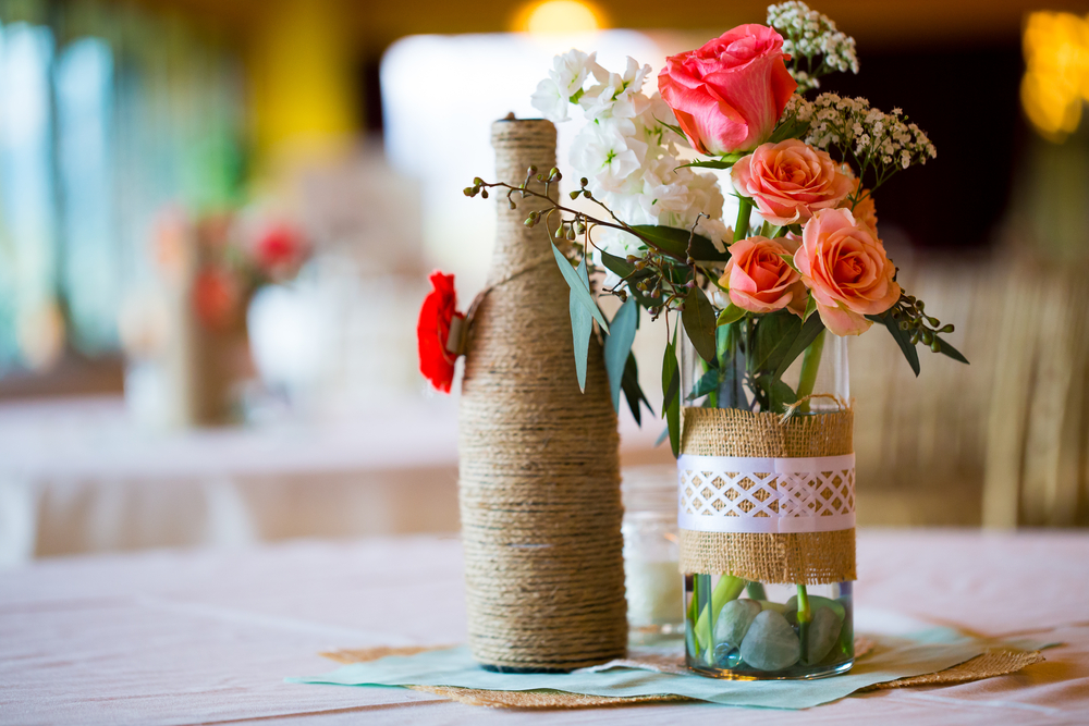 recycled bottles as rustic centerpieces