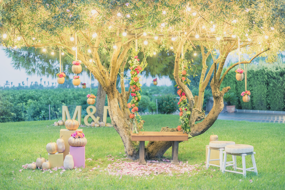 garden wedding swing with mismatched furniture