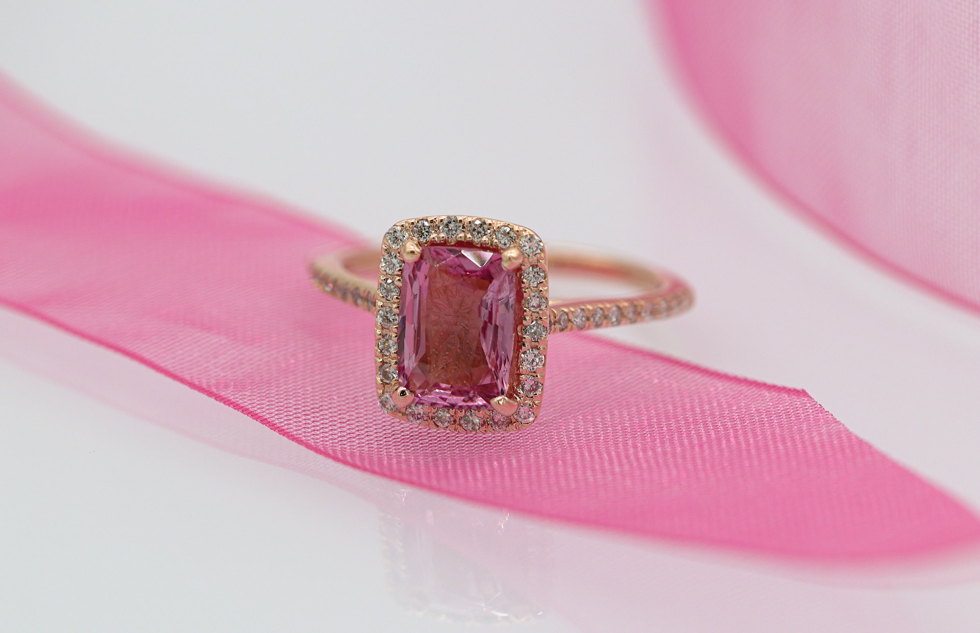 Rose Gold Cushion Cut Pink Sapphire and Diamond Engagement Ring