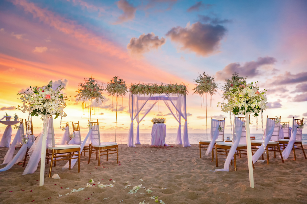 sunset beach wedding with a cooler weather