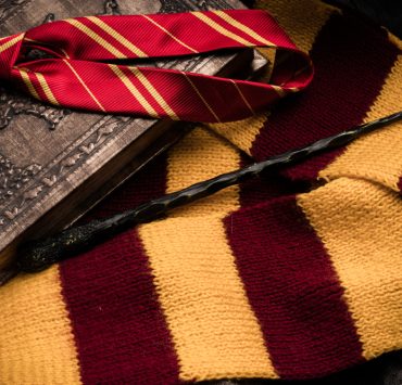 harry potter scarf, wand, and book
