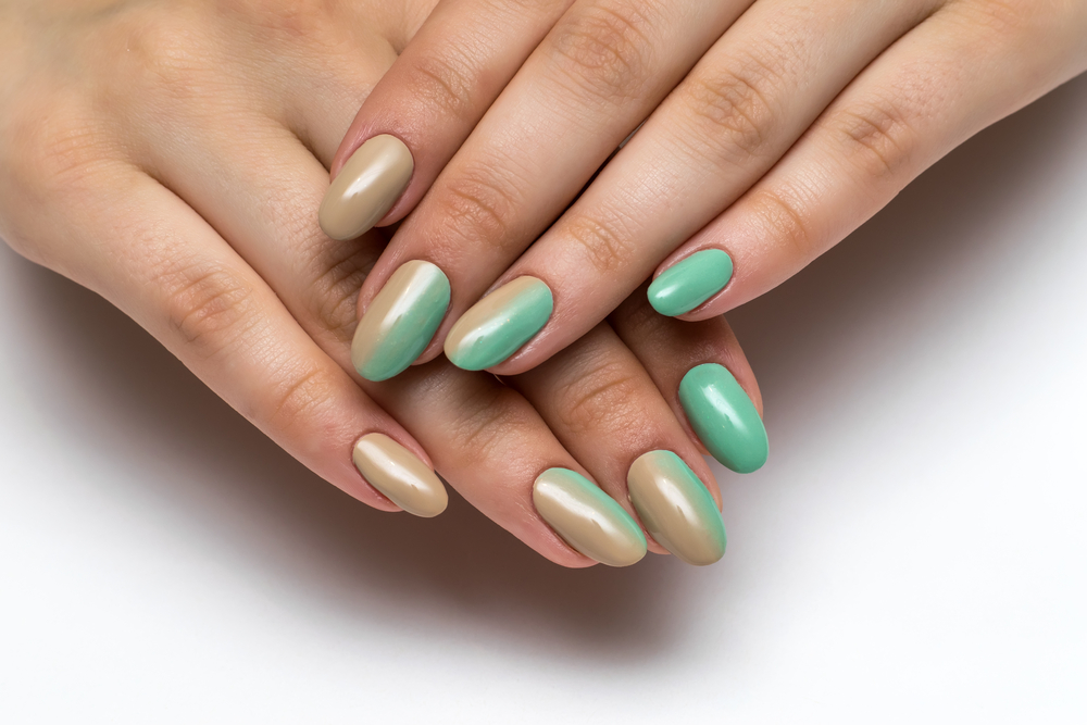 Beige and minty green ombre nail art