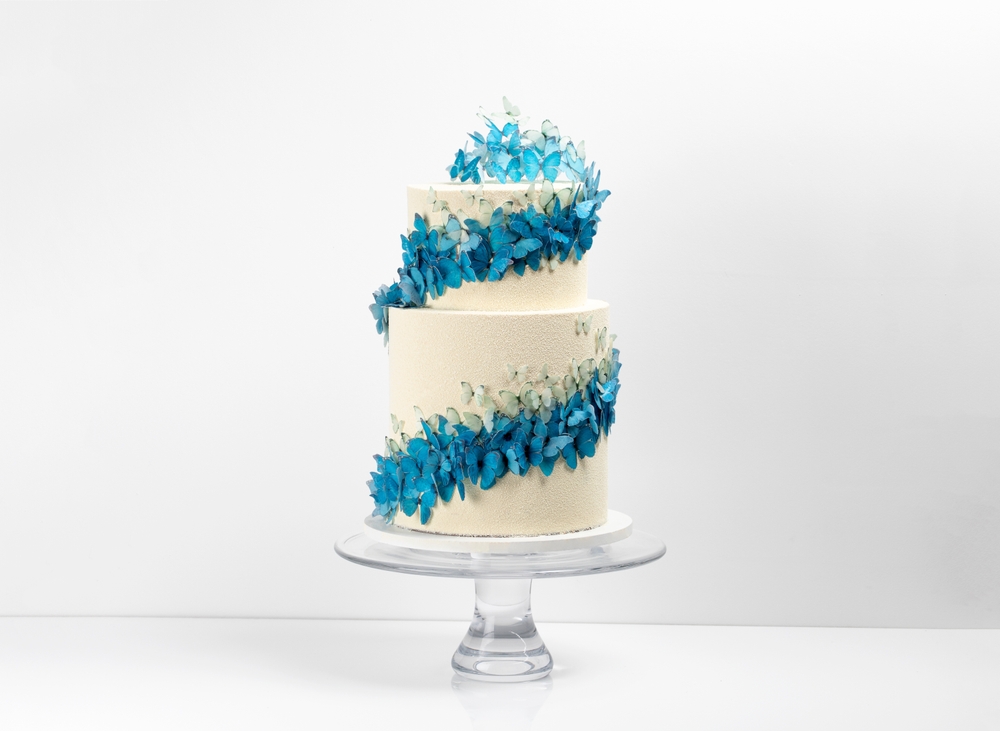 Butterfly tiered wedding cake on a white background