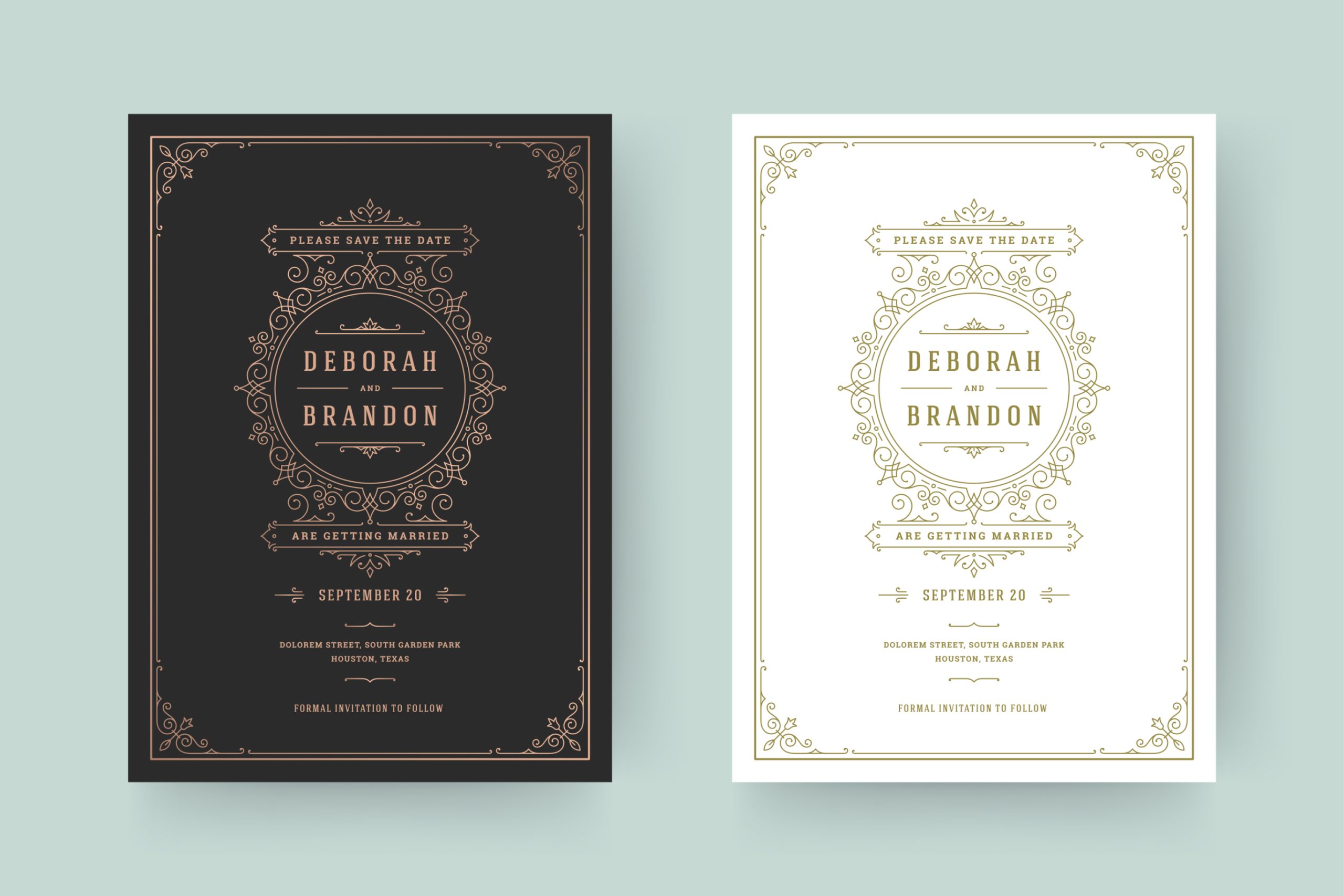 black and white vintage gothic wedding invitations with elegant ornaments