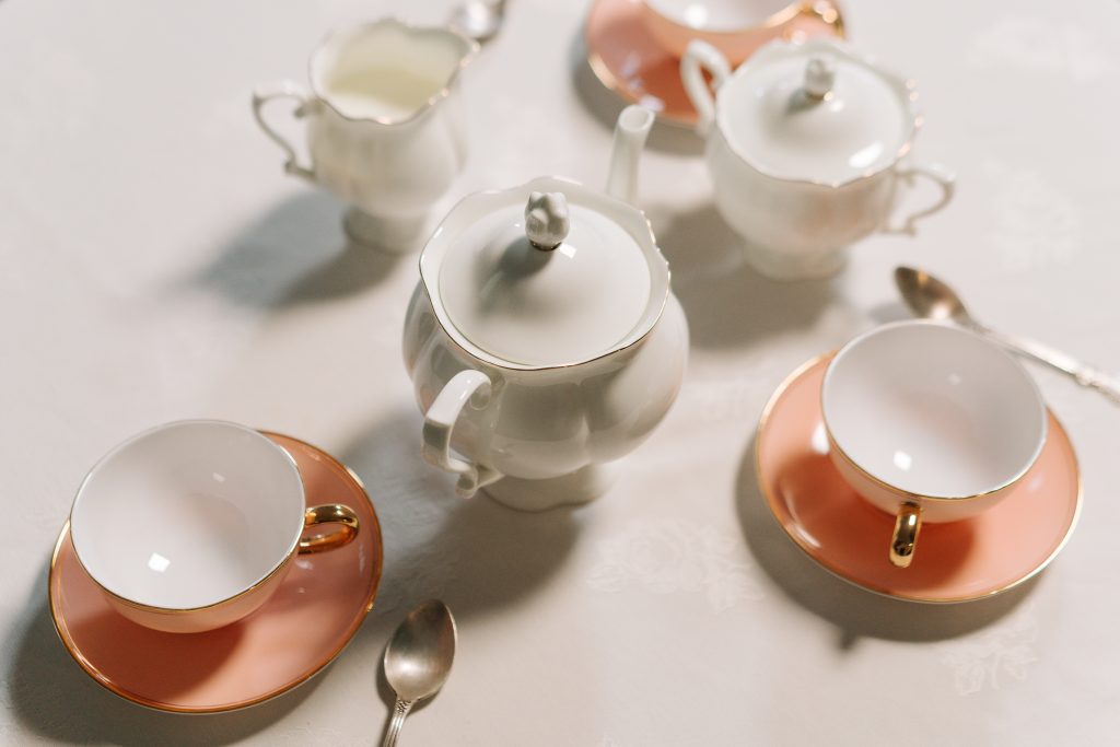 studio shoot of White and Pink Porcelain tea set