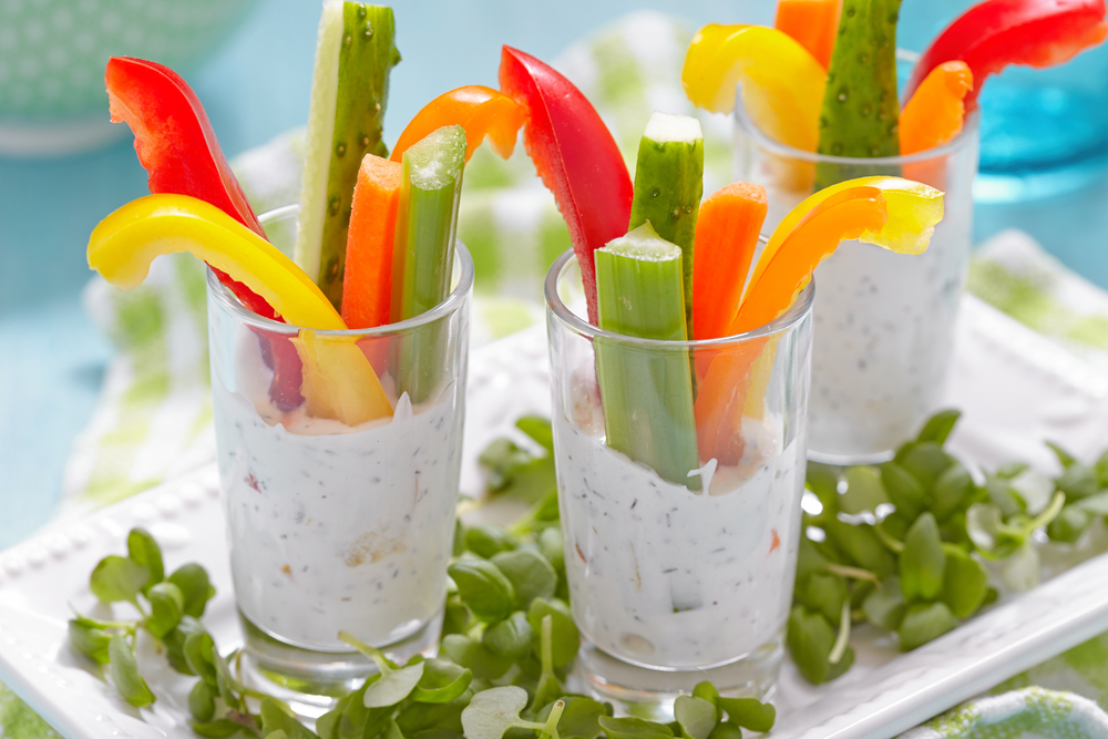 close up shot of Vegetables Snacks in Yogurt on food tray