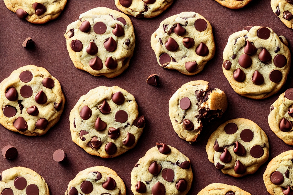 top view of chocolate chip cookies in brown background