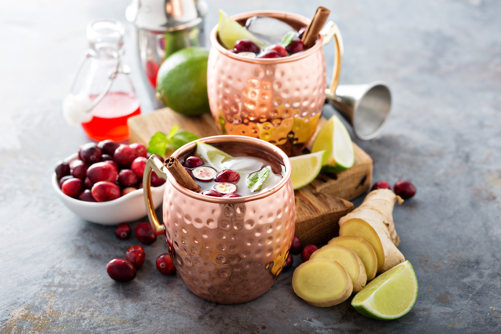 two Winter Moscow mule cocktails with lime, ginger and cranberry