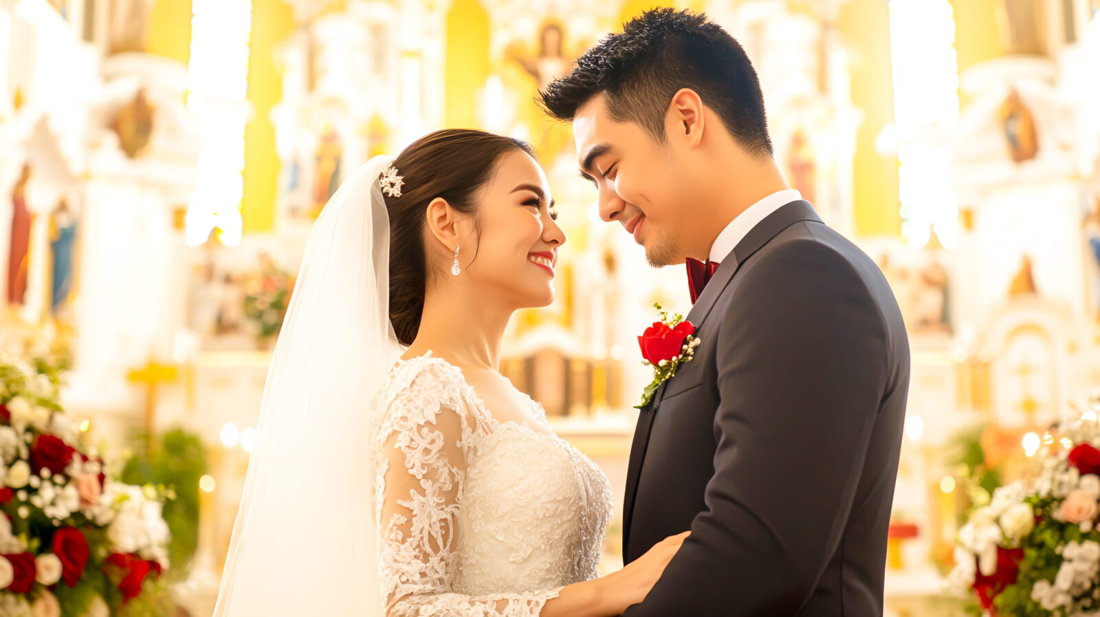 Bride and groom looking lovingly at each other inside a brightly lit church sanctuary