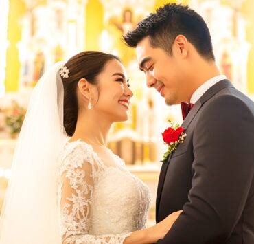 Bride and groom looking lovingly at each other inside a brightly lit church sanctuary