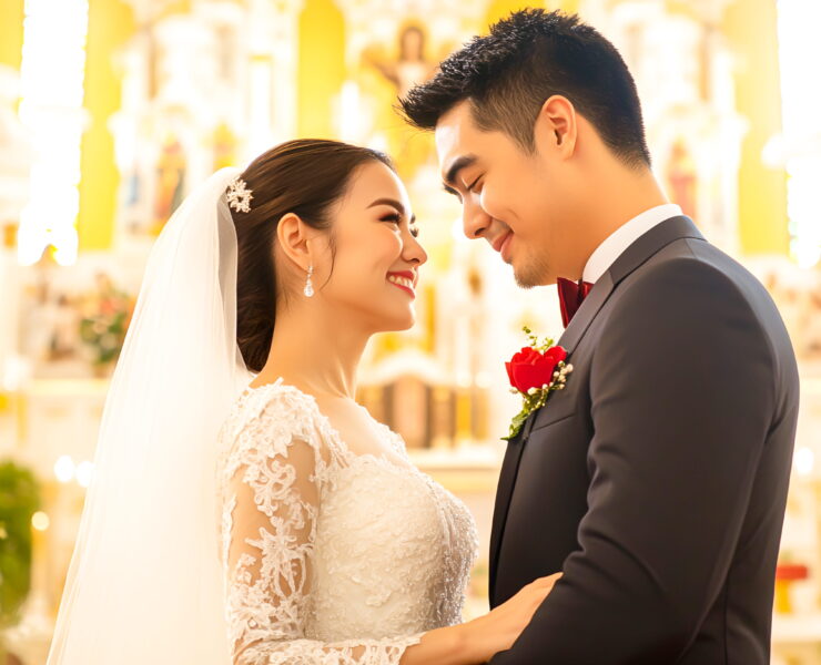 Bride and groom looking lovingly at each other inside a brightly lit church sanctuary