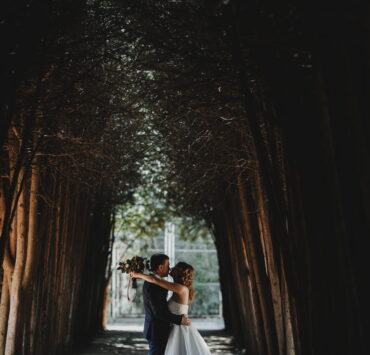 Couple in a dramatic shot between trees