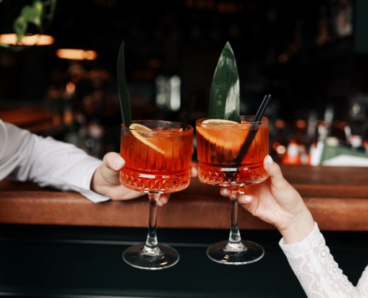 hands of groom and bride clinking cocktail drinks