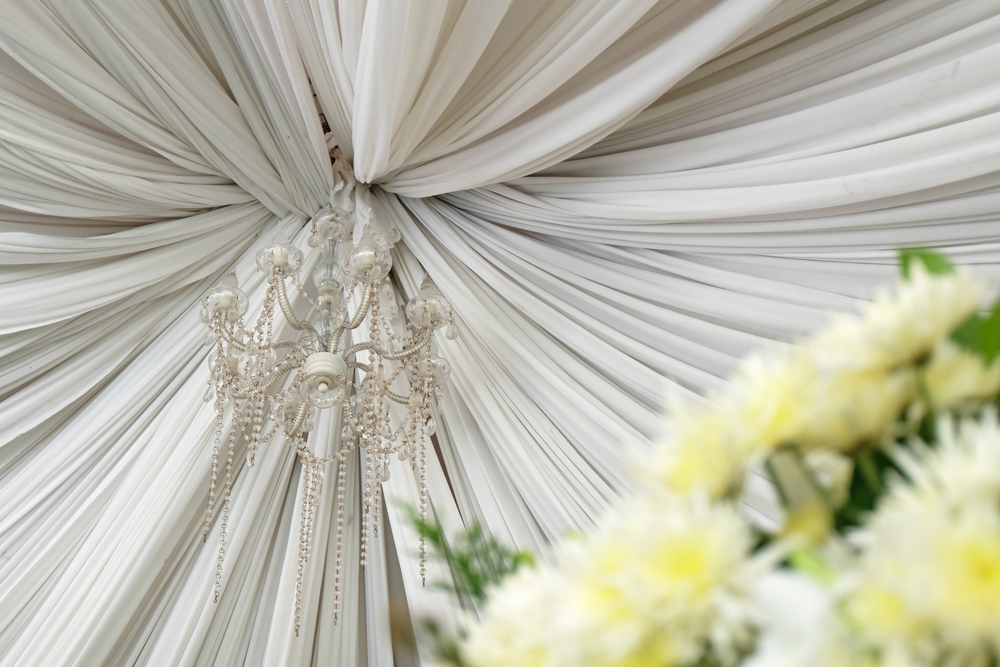 Crystal Chandelier wedding decoration with white fabric ceiling