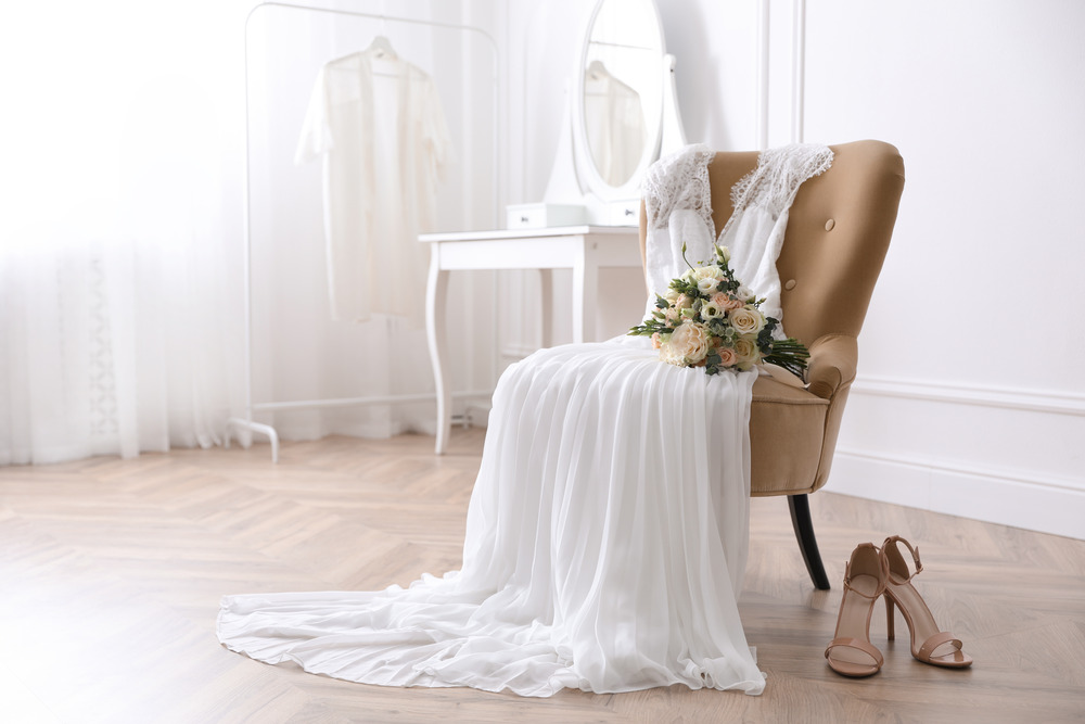 wedding gown in chair