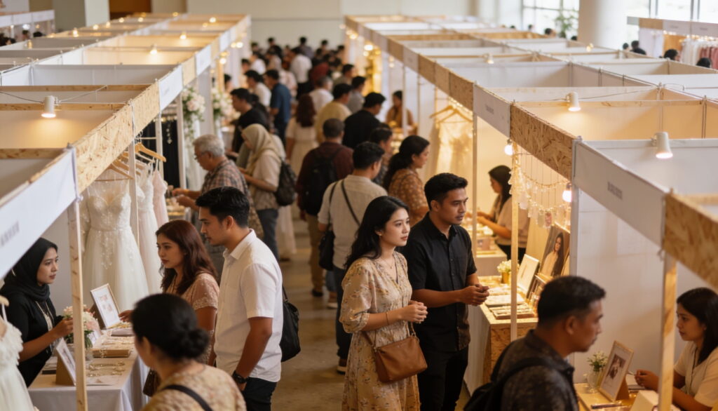 A high-angle view of a crowded bridal fair with couples browsing rows of vendor booths featuring wedding dresses.