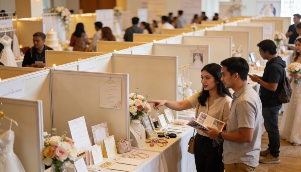 A young couple reviews a brochure while pointing at a floral display and wedding stationery at an expo booth.