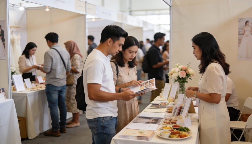 A couple looks through a catalog at a wedding catering booth featuring food samples and floral arrangements.