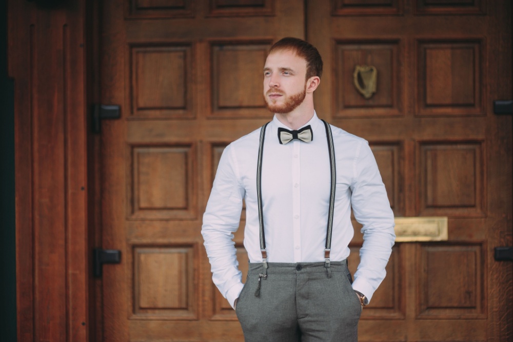 button up shirt and suspenders