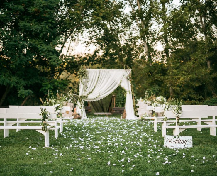 a botanical wedding venue with white bleachers