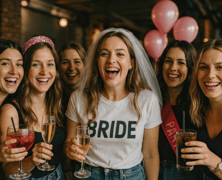 Bride and friends celebrating a fun bachelorette party