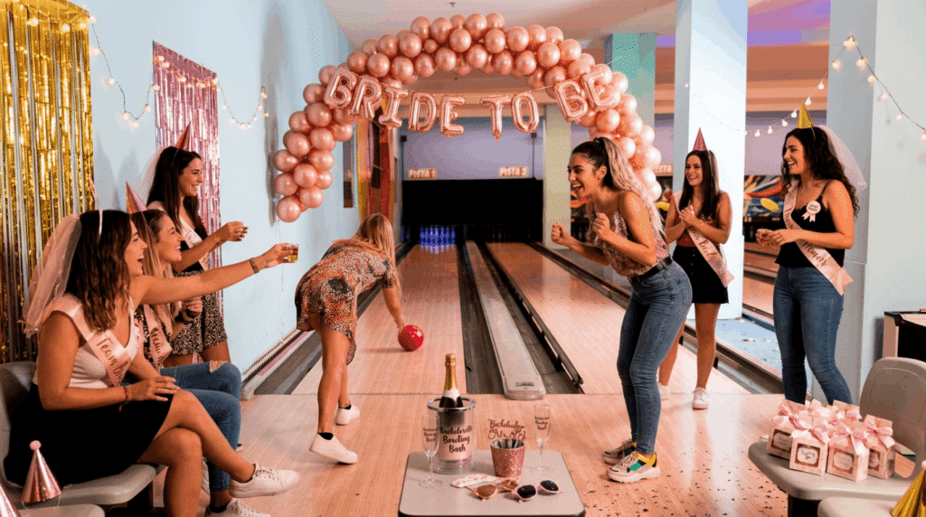 Group of women enjoying a bachelorette party bowling game