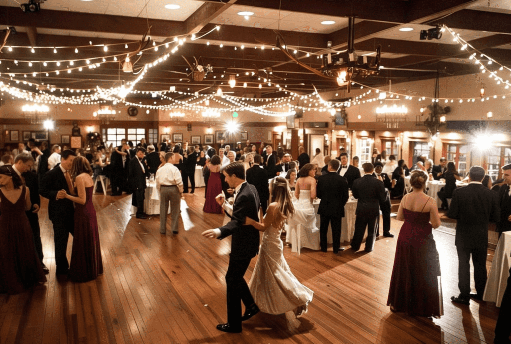 the wedding reception, with the bride and groom dancing.