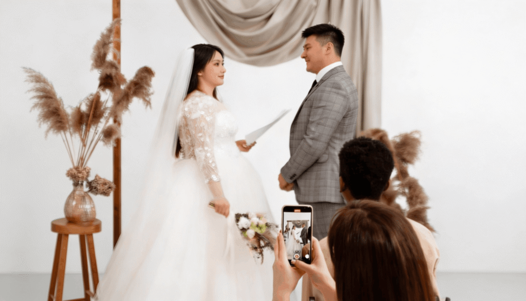 A guest records a video on their smartphone of a bride and groom standing before a minimalist wooden wedding altar.