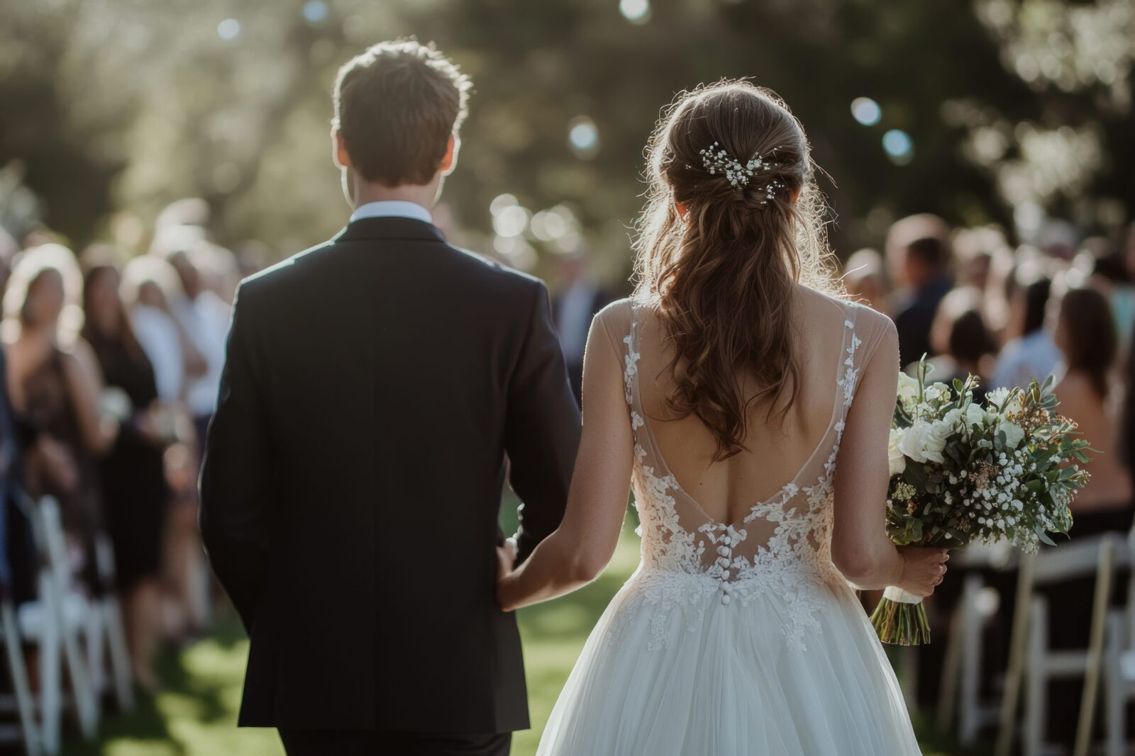 A newlywed couple smiles while walking down a flower-lined aisle at a scenic outdoor wedding ceremony.