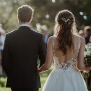 A newlywed couple smiles while walking down a flower-lined aisle at a scenic outdoor wedding ceremony.