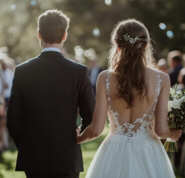 A newlywed couple smiles while walking down a flower-lined aisle at a scenic outdoor wedding ceremony.