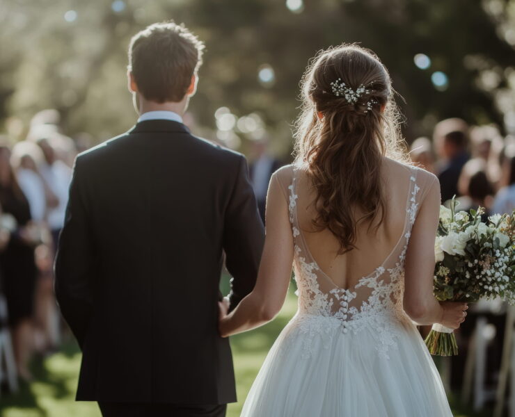 A newlywed couple smiles while walking down a flower-lined aisle at a scenic outdoor wedding ceremony.
