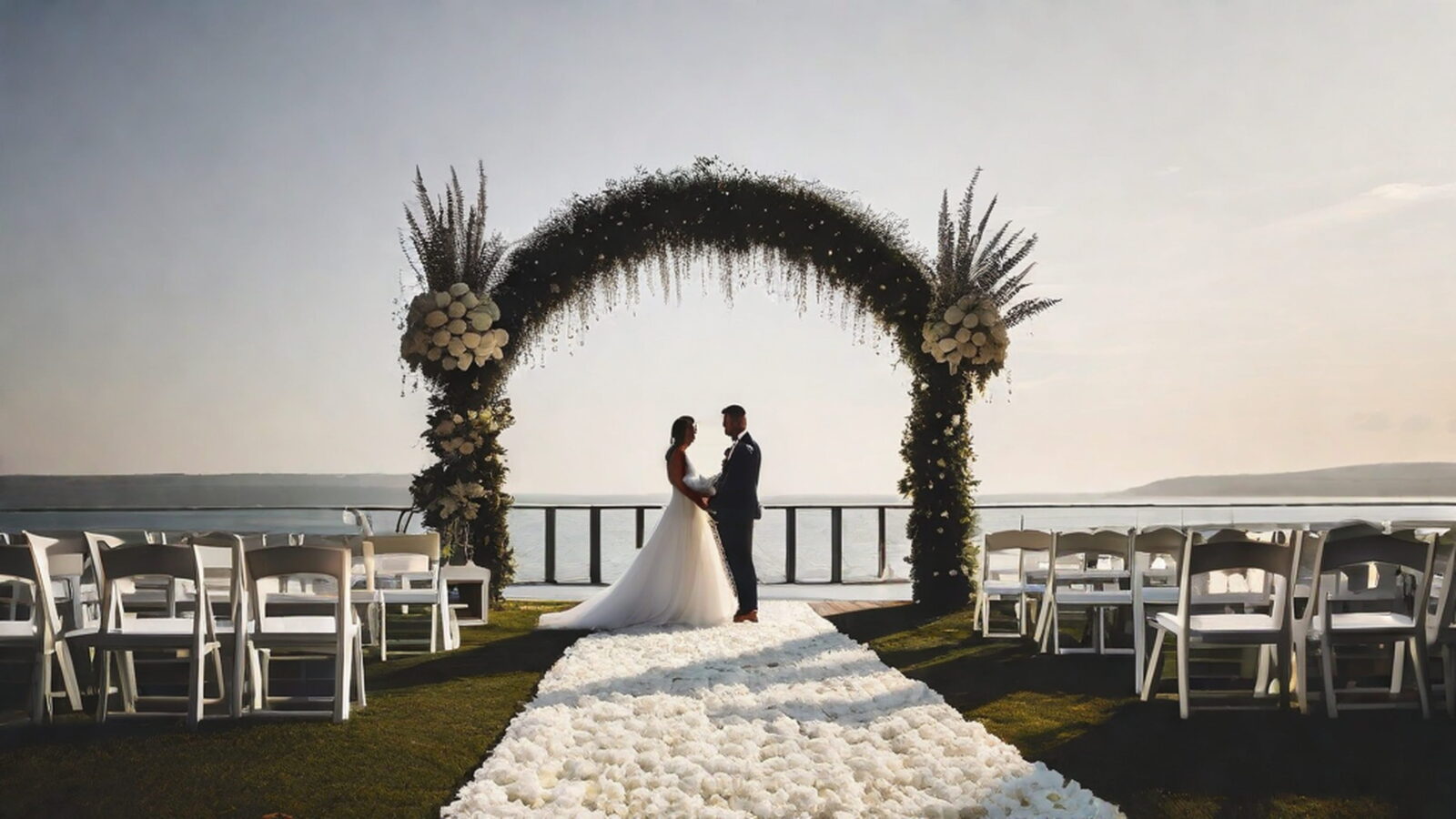A bride and groom share a joyful moment under a floral arch during an outdoor wedding ceremony.