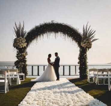 A bride and groom share a joyful moment under a floral arch during an outdoor wedding ceremony.