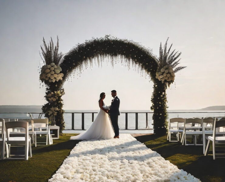 A bride and groom share a joyful moment under a floral arch during an outdoor wedding ceremony.