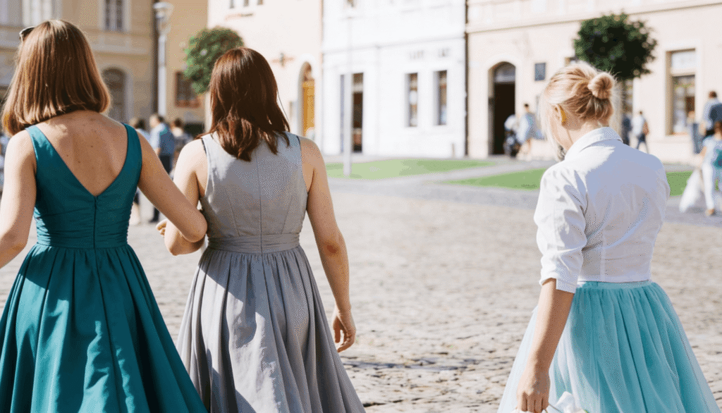 three women in dresses walking toward the reception.