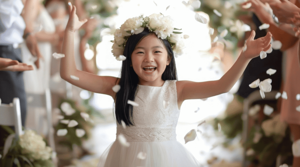 A flower girl in a white lace dress and a floral crown tossing petals at a wedding ceremony