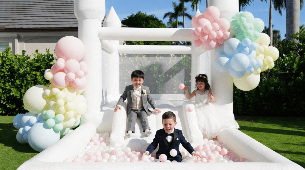 Three children in wedding attire playing on a white inflatable castle with pastel balloon decorations