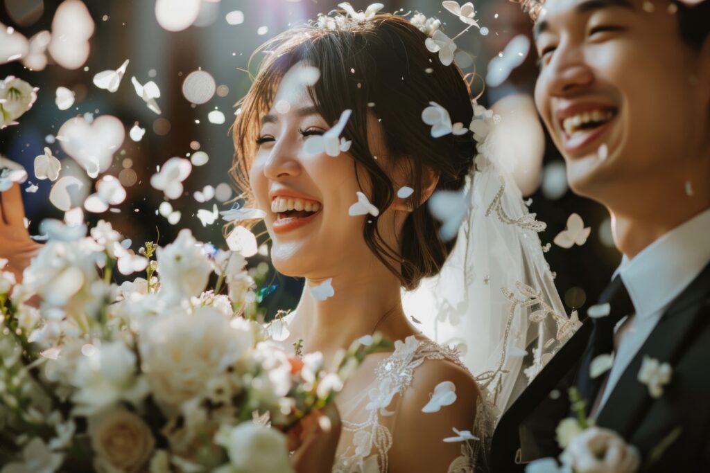 Bride and groom laughing as white flower petals fall around them during their wedding ceremony