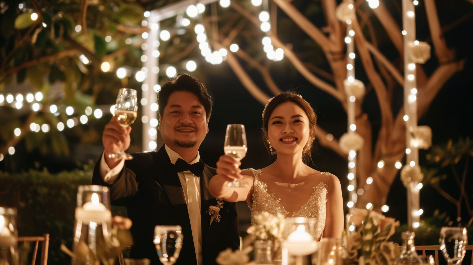 Newlyweds raising champagne glasses at an outdoor evening wedding reception