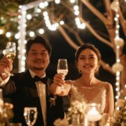 Newlyweds raising champagne glasses at an outdoor evening wedding reception