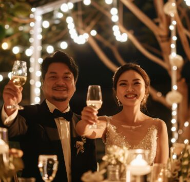 Newlyweds raising champagne glasses at an outdoor evening wedding reception