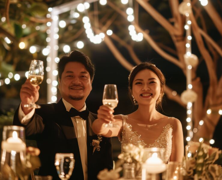 Newlyweds raising champagne glasses at an outdoor evening wedding reception