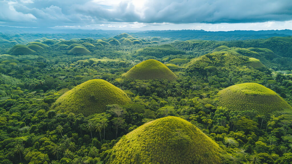 Aerial view of the Chocolate Hills in Bohol, Philippines, showing dozens of uniform dome-shaped green hills stretching across a lush tropical landscape under a cloudy sky